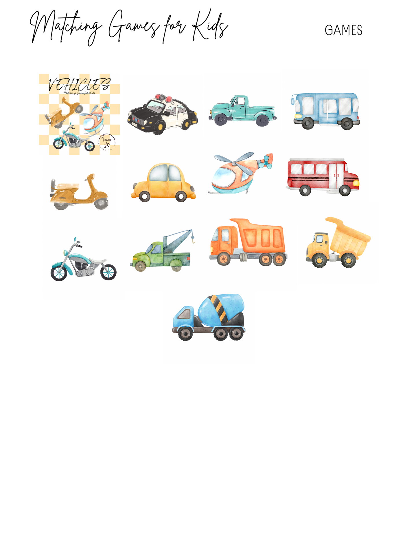 Vehicle Matching Game for Kids